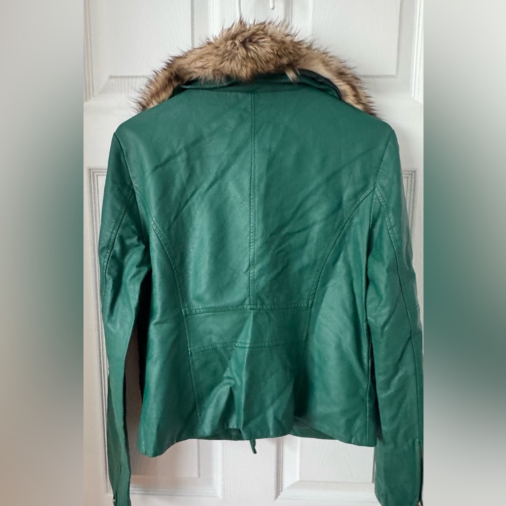 New York & Company Emerald Green Faux Leather Moto Jacket with Faux Fur Trim - Picture 5 of 14